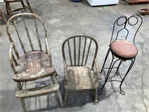 3 small chairs, high chair, rocker, metal stool