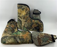 Pair of insulated camo boot covers, and elbow pads