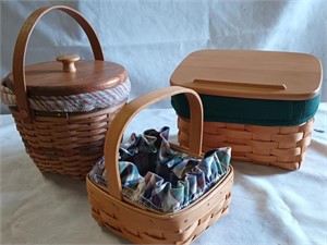 3 Longaberger baskets with liners, 1 is a recipe