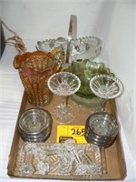 FLAT WITH GLASS SPOON RESTS, CANDLESTICKS, LUSTER