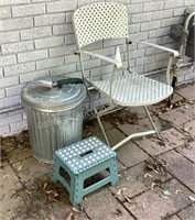 Iron Folding Chair, Trash Can, Stool & Spade