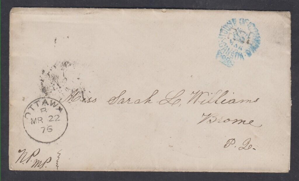 Canada Stampless Free Frank Cover 1876 with blue H