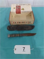 Unmarked Knife, Leather Sheath, Cigar Box