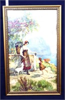 Vintage framed lady & child outdoors art, see pics