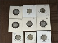 9 Roosevelt Silver Dimes 1946-1964 W/ Proof