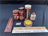 Vintage Tins, Bank, Thermometer, Rulers