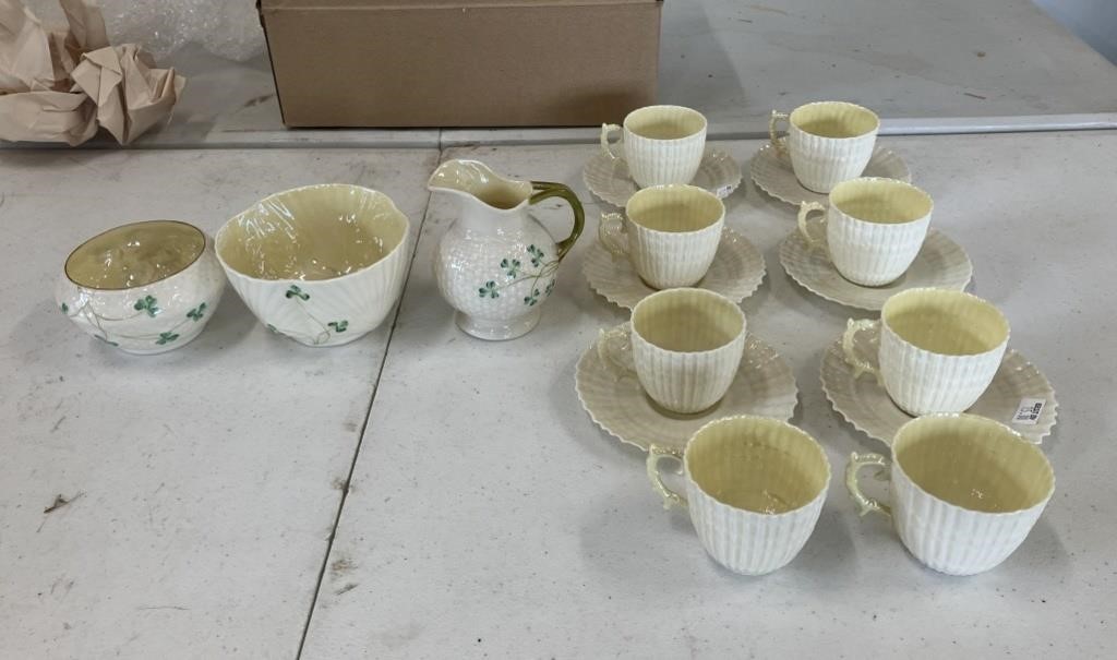 Belleek China Saucers Tea Cups Pitcher Cream