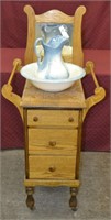 Wood Mirrored Wash Stand With Pitcher and Bowl