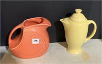 FIESTA WATER PITCHER, AND YELLOW TEA POT SEE
