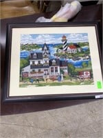 FRAMED NEEDLEPOINT SEA SIDE TOWN AND LIGHTHOUSE