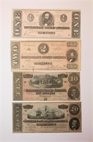 4pcs Antique 1864-1865 Confederate Notes