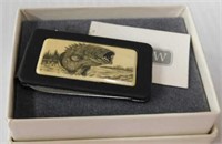 Barlow carved large mouth bass money clip