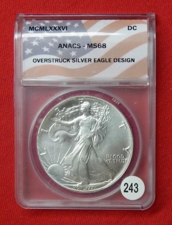 MCMLXXXVI ANACS MS68 Overstruck Silver Eagle Desig