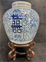 ANTIQUE BLUE AND WHITE GINGER JAR ON STAND