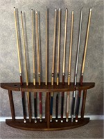 Vtg. Pool Stick Holder with Pool Sticks