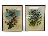 2 Mid Century Paintings On Silk Of Birds