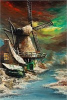 Hans De Jong Windmill Oil on Canvas Painting
