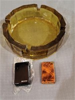 MCM Amber 16 Sided Ashtray & Lighters