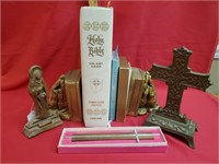 (2) Bibles, Bookends, Statue, 2- Crosses
