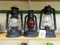 (3) Barn Lanterns - (1 w/ Red Globe)
