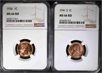 1936 & 1941-S LINCOLN CENTS NGC MS66 RD