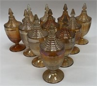 11 Iridescent Marigold Glass Apothecary Jars