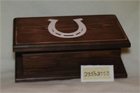 Wooden box with hinged lid and horseshoe design