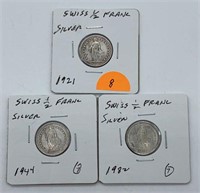 (3) Swiss 1/2 Franc Coins, Silver, 1921, 1944, &