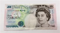 Bank of England 5 Pound Note, Very Nice, 1990