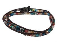 Brown Leather Wrap w/Multi-Colored Crystal Bead