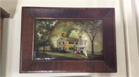 Antique framed reverse painting on glass, house