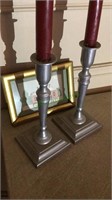 Pair of pewter candlesticks, small framed water
