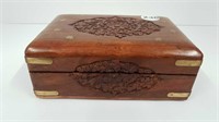 CARVED WOOD DRESSER BOX WITH BRASS INLAY