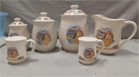 Tieshan kitten canister set, pitcher, S&P shakers