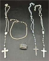 3 Vtg Rosaries, Ring & Pearl Necklace