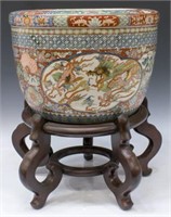 CHINESE ENAMELED PORCELAIN PLANTER ON WOOD STAND