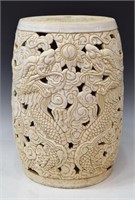 CHINESE WHITE CERAMIC GARDEN STOOL WITH DRAGONS