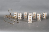Libby MCM Gold Leaf  Frosted Glassware & Caddy