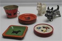 SCOTTIE DOG FIGURINES-TIN BUCKET-ASHTRAY &