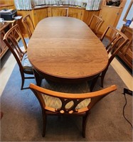 Dining room table, 6 chairs with two removable