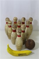 11 Pcs. Vintage Wooden Duck Bowling Pins & Ball