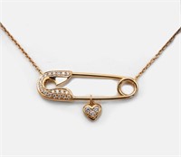 18K ROSE GOLD SAFETY PIN WITH HEART CHARM NECKLACE