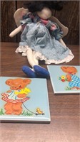 (2) Vintage Wheeling Bear Tiles & Decorative Doll