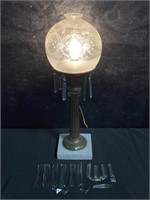 Brass Pillar Crystal Lamp w/ Frosted Shade.
