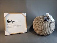 'Home' Sign & Round Knit Pouf