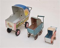 Three Tin Toy Baby Strollers