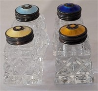 SET OF FOUR SHAKERS WITH ENAMELLED STERLING TOPS