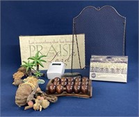 Assorted items including decor, wooden foot