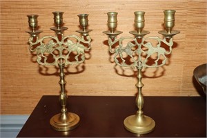 2 Brass 3 candle candelabras with Judea Sabbath