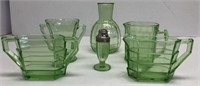 Green Depression glass cream & sugar, vase, etc.